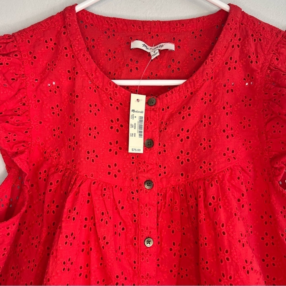 Madewell Red Button Up Ruffle Sleeve Bib Top Sz M Summer Contemporary Babydoll - Picture 4 of 12